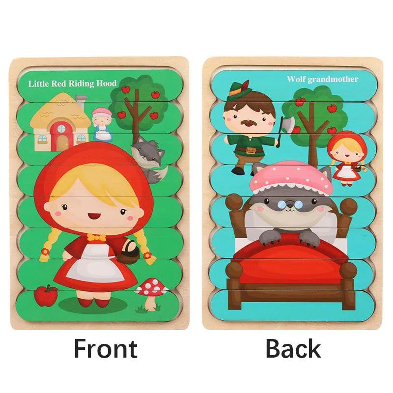 Cartoon Animal Double-sided Strip Wooden Puzzles Kids Montessori Jigsaw Game Baby Educational Toys for Children - Slobuy