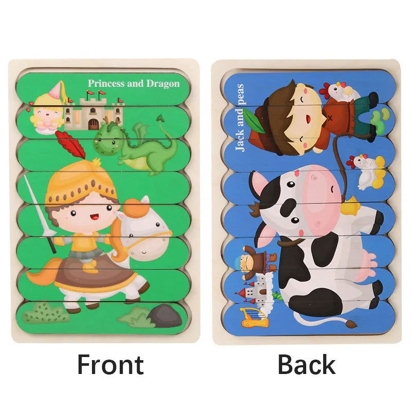 Cartoon Animal Double-sided Strip Wooden Puzzles Kids Montessori Jigsaw Game Baby Educational Toys for Children - Slobuy