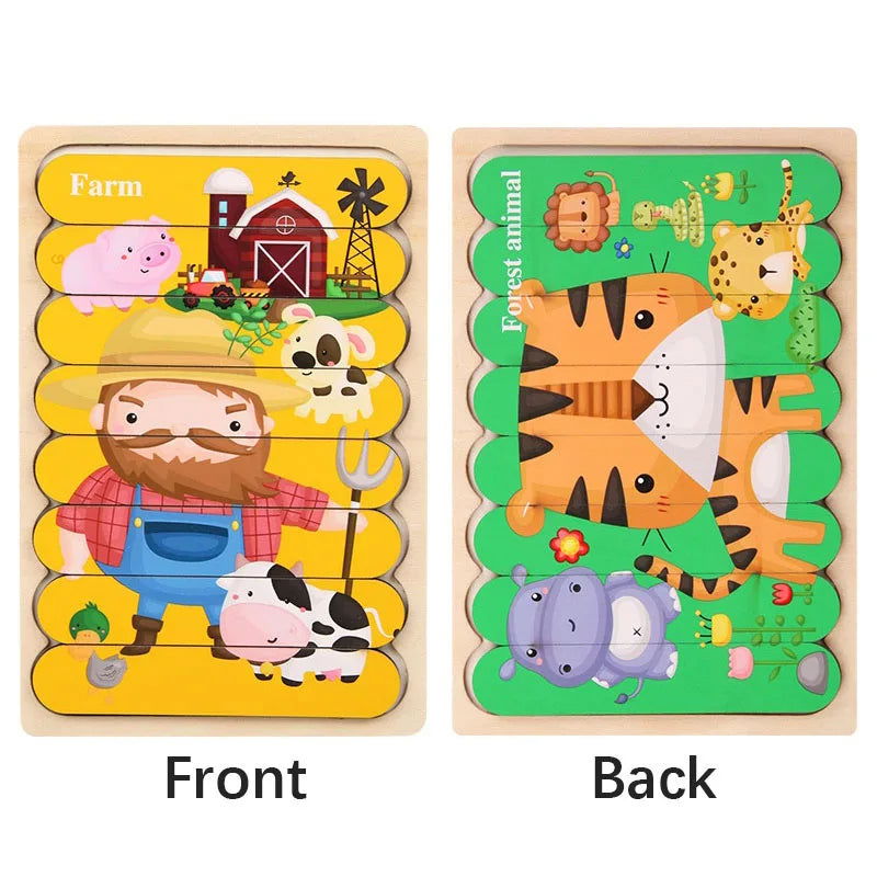 Cartoon Animal Double-sided Strip Wooden Puzzles Kids Montessori Jigsaw Game Baby Educational Toys for Children - Slobuy