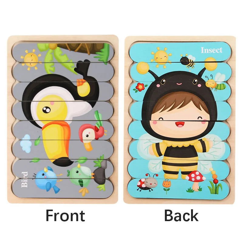 Cartoon Animal Double-sided Strip Wooden Puzzles Kids Montessori Jigsaw Game Baby Educational Toys for Children - Slobuy