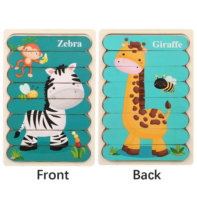 Cartoon Animal Double-sided Strip Wooden Puzzles Kids Montessori Jigsaw Game Baby Educational Toys for Children - Slobuy