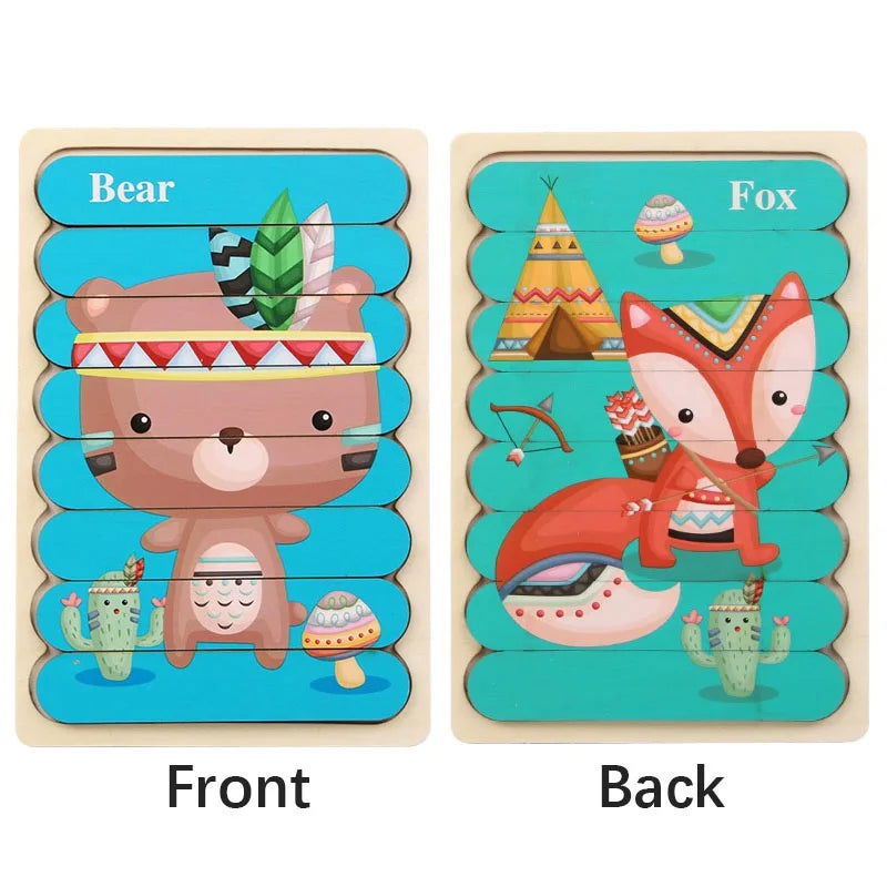 Cartoon Animal Double-sided Strip Wooden Puzzles Kids Montessori Jigsaw Game Baby Educational Toys for Children - Slobuy