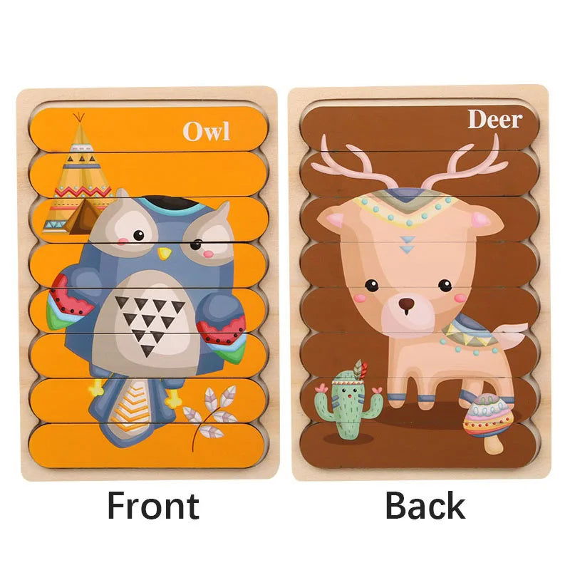 Cartoon Animal Double-sided Strip Wooden Puzzles Kids Montessori Jigsaw Game Baby Educational Toys for Children - Slobuy