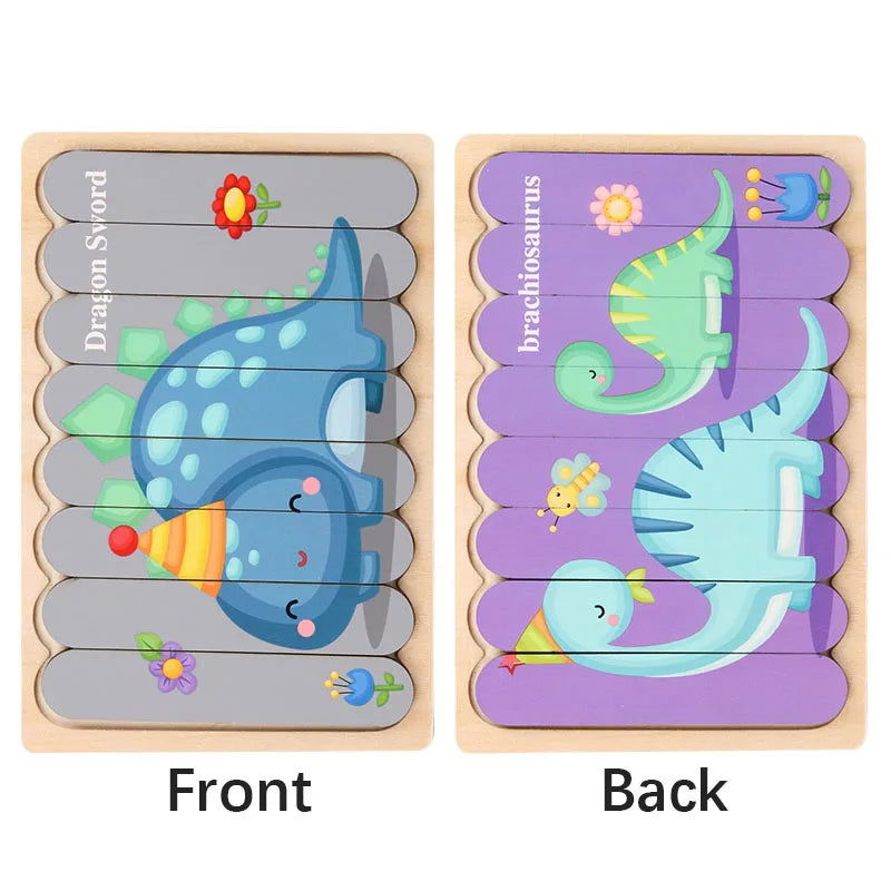 Cartoon Animal Double-sided Strip Wooden Puzzles Kids Montessori Jigsaw Game Baby Educational Toys for Children - Slobuy