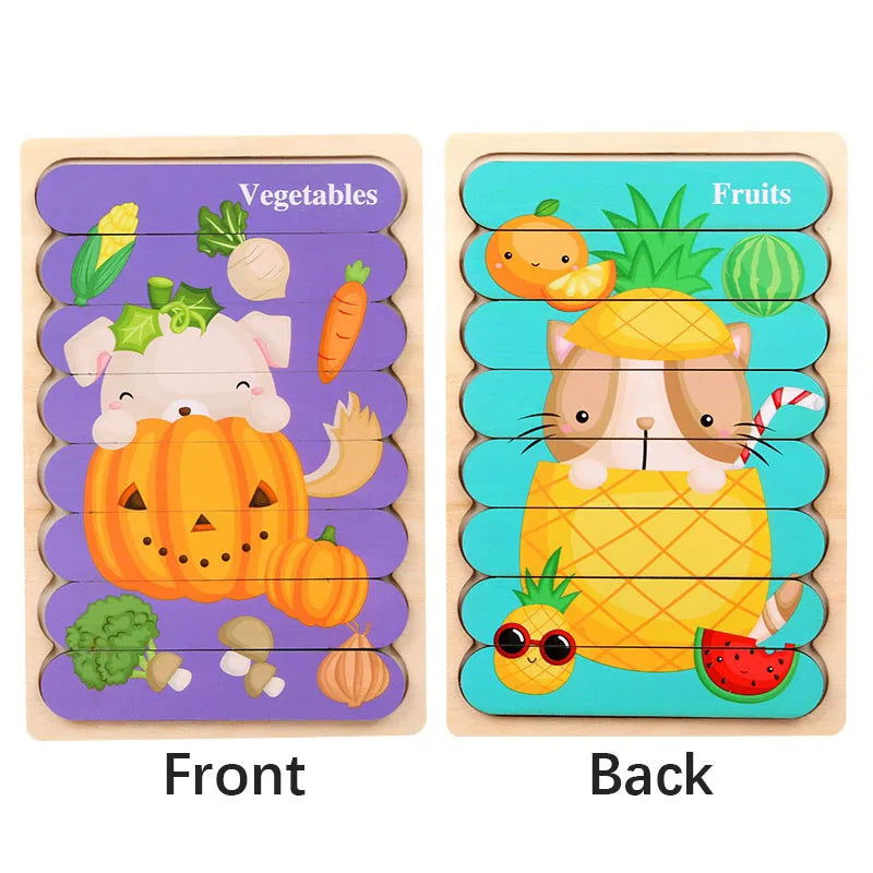 Cartoon Animal Double-sided Strip Wooden Puzzles Kids Montessori Jigsaw Game Baby Educational Toys for Children - Slobuy
