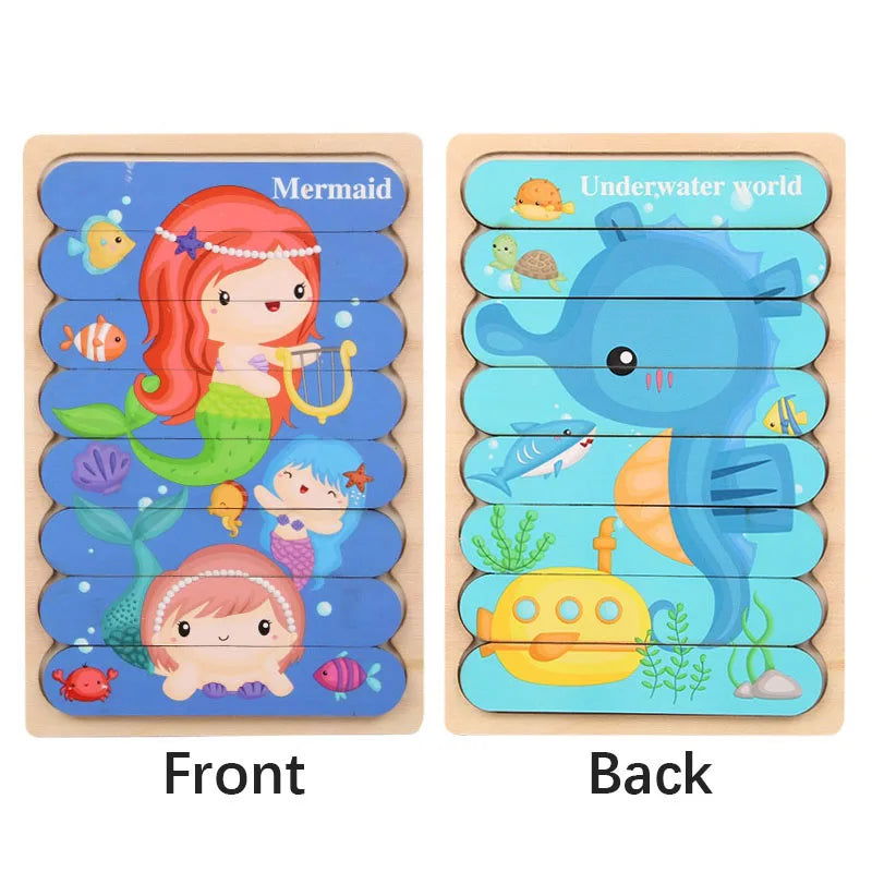 Cartoon Animal Double-sided Strip Wooden Puzzles Kids Montessori Jigsaw Game Baby Educational Toys for Children - Slobuy