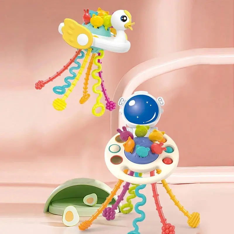 Cartoon Duck Astronaut Pull String Montessori Activity Development Silicone Teething Sensory Grip Training Early Educational Toy - Slobuy
