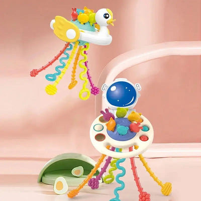 Cartoon Duck Astronaut Pull String Montessori Activity Development Silicone Teething Sensory Grip Training Early Educational Toy - Slobuy