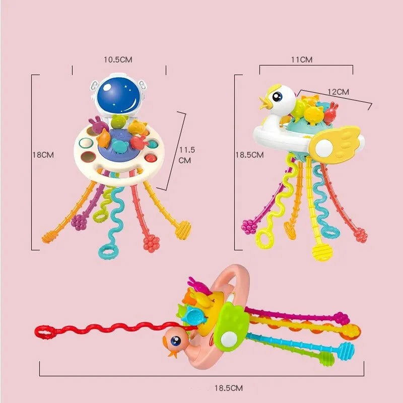 Cartoon Duck Astronaut Pull String Montessori Activity Development Silicone Teething Sensory Grip Training Early Educational Toy - Slobuy