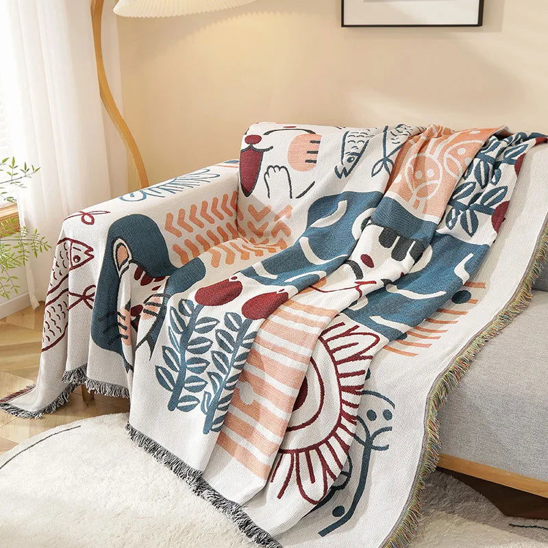 Cartoon Sofa Cover Double Use Beds Blanekets Throw Blanket Picnic Mat With Tassel Sofa Bed Universal Decorative - Slobuy