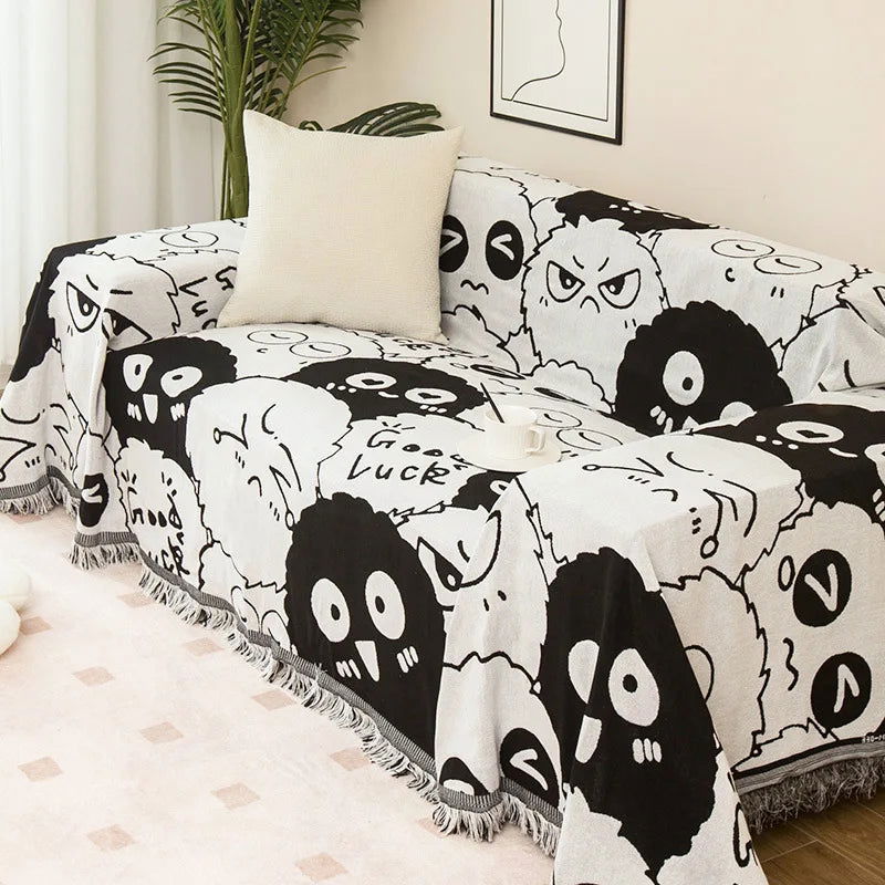 Cartoon Sofa Cover Double Use Beds Blanekets Throw Blanket Picnic Mat With Tassel Sofa Bed Universal Decorative - Slobuy