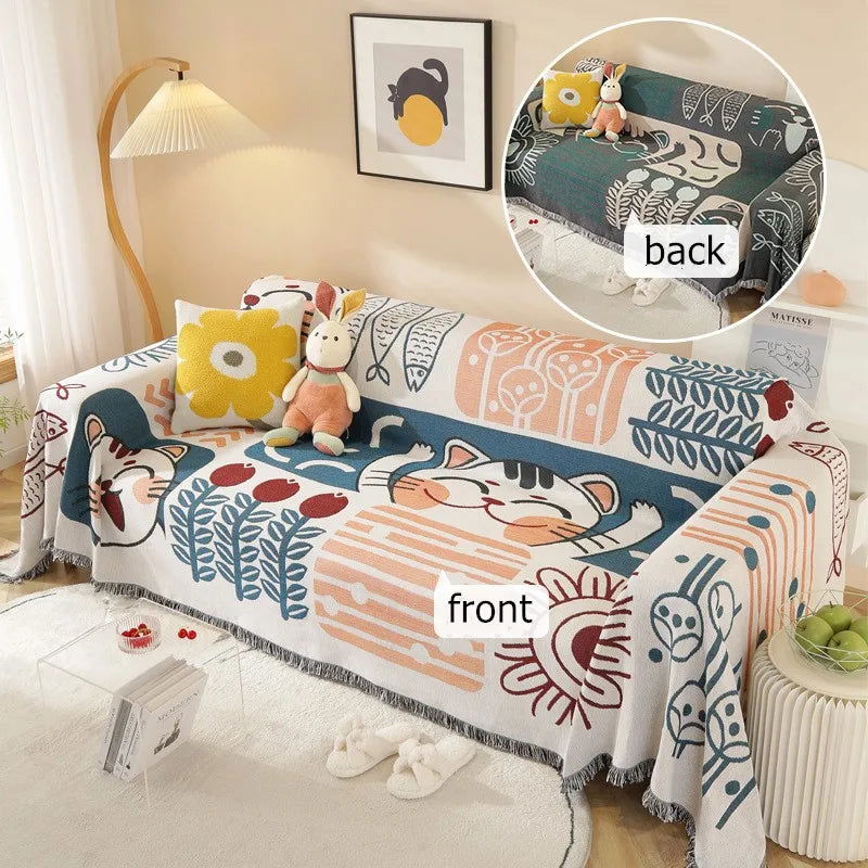 Cartoon Sofa Cover Double Use Beds Blanekets Throw Blanket Picnic Mat With Tassel Sofa Bed Universal Decorative - Slobuy