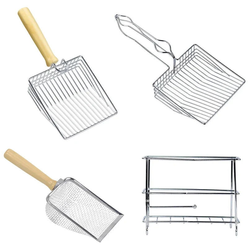 Cat Litter Shovel  Wood Handle Metal Scooper with Hook Portable Stainless Steel Sifting Kitten Toilet Cleaning Tool Pet Products - Slobuy