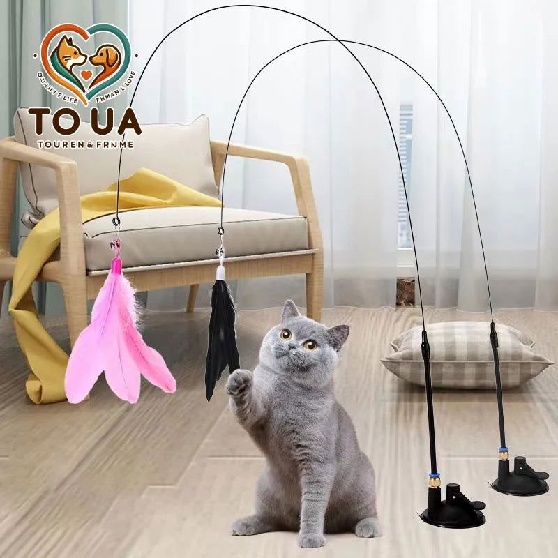 Cats Toys Feathers Wand Interactive Toy Kitten Toys with Super Suction Cup Detachable 2 PCS Feather Replacements Cat Accessories - Slobuy