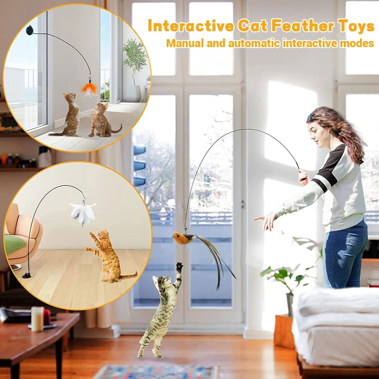 Cats Toys Feathers Wand Interactive Toy Kitten Toys with Super Suction Cup Detachable 2 PCS Feather Replacements Cat Accessories - Slobuy
