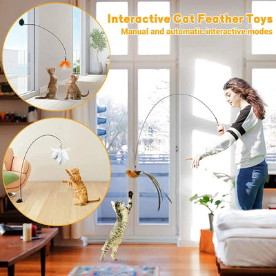 Cats Toys Feathers Wand Interactive Toy Kitten Toys with Super Suction Cup Detachable 2 PCS Feather Replacements Cat Accessories - Slobuy