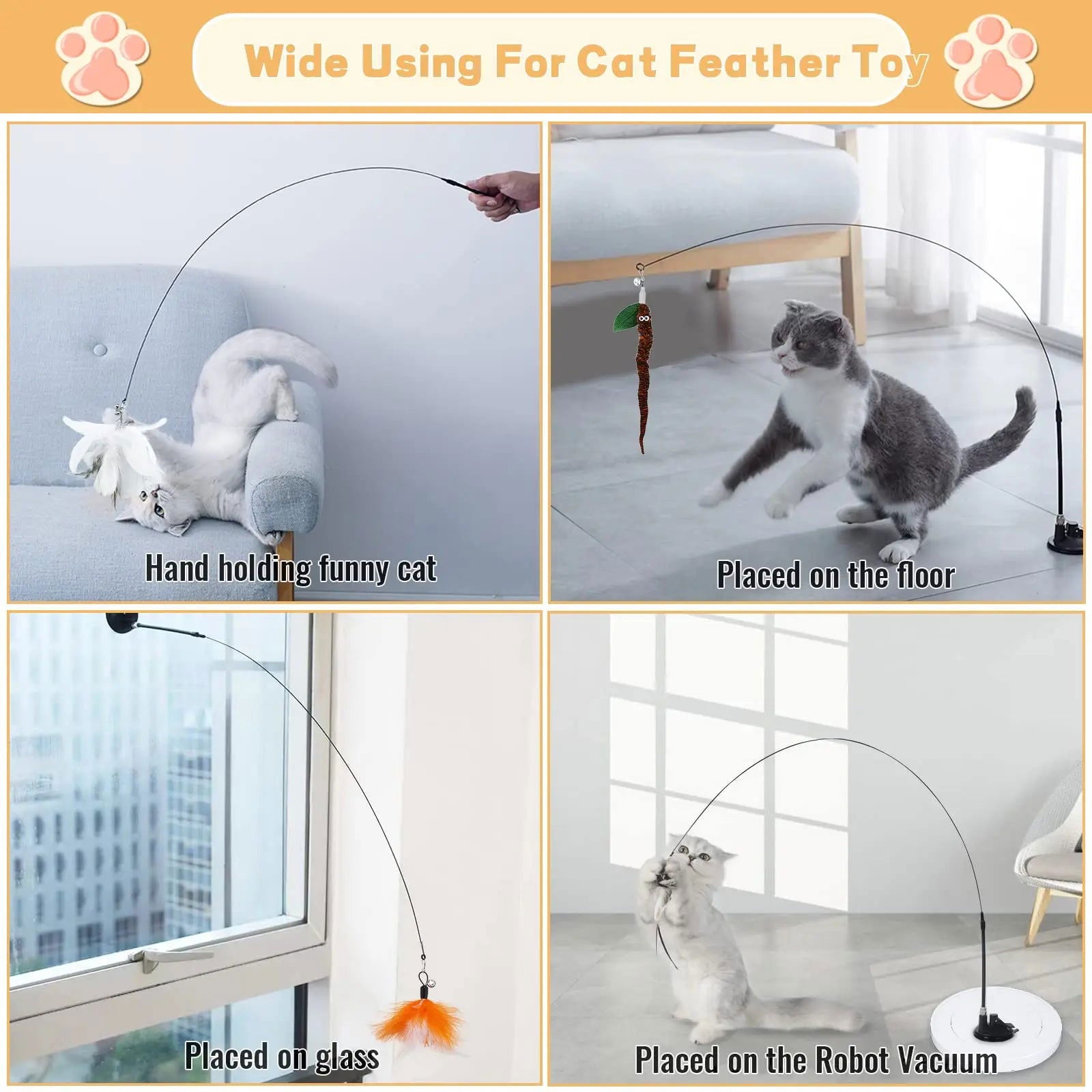Cats Toys Feathers Wand Interactive Toy Kitten Toys with Super Suction Cup Detachable 2 PCS Feather Replacements Cat Accessories - Slobuy