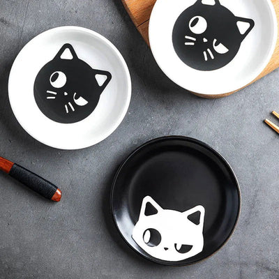 Ceramic Seasoning Dish Cartoon Cat Japanese Household Soy Sauce Vinegar Dishes Roast Meat Dip Round Snack Plate Bowl White Black - Slobuy