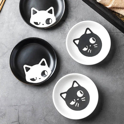 Ceramic Seasoning Dish Cartoon Cat Japanese Household Soy Sauce Vinegar Dishes Roast Meat Dip Round Snack Plate Bowl White Black - Slobuy