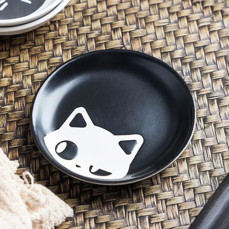 Ceramic Seasoning Dish Cartoon Cat Japanese Household Soy Sauce Vinegar Dishes Roast Meat Dip Round Snack Plate Bowl White Black - Slobuy