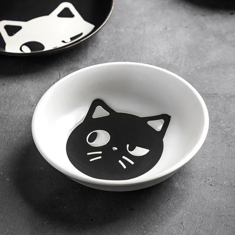 Ceramic Seasoning Dish Cartoon Cat Japanese Household Soy Sauce Vinegar Dishes Roast Meat Dip Round Snack Plate Bowl White Black - Slobuy