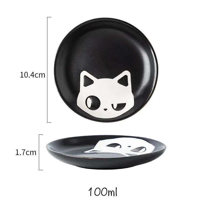 Ceramic Seasoning Dish Cartoon Cat Japanese Household Soy Sauce Vinegar Dishes Roast Meat Dip Round Snack Plate Bowl White Black - Slobuy