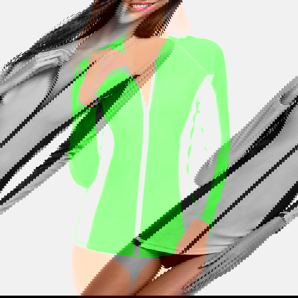 Charmleaks Women Long Sleeve Zipper Rashguard Swimsuit Surfing Top Rash Guard Zipper UPF50+ Running Shirt Biking Shirt Swimwear - Slobuy