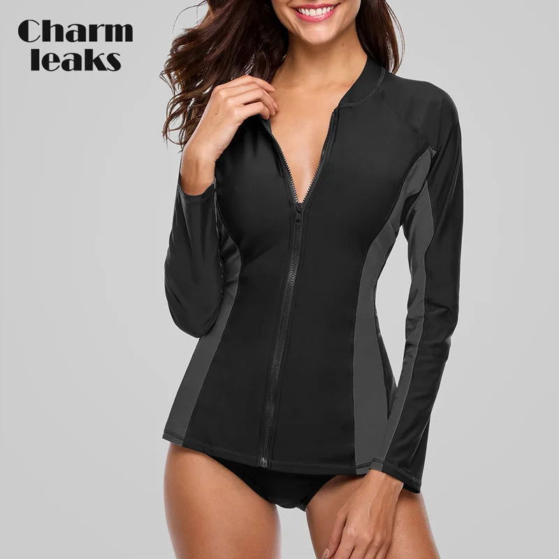 Charmleaks Women Long Sleeve Zipper Rashguard Swimsuit Surfing Top Rash Guard Zipper UPF50+ Running Shirt Biking Shirt Swimwear - Slobuy