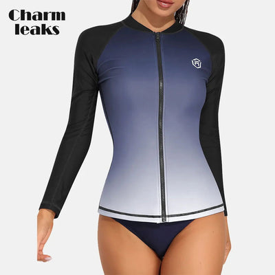 Charmleaks Women Rash Guard UPF 50+ Crew Neck Long Sleeves Zipper Gradients Color Quick Dry Soft Swimming Surfing Tops - Slobuy