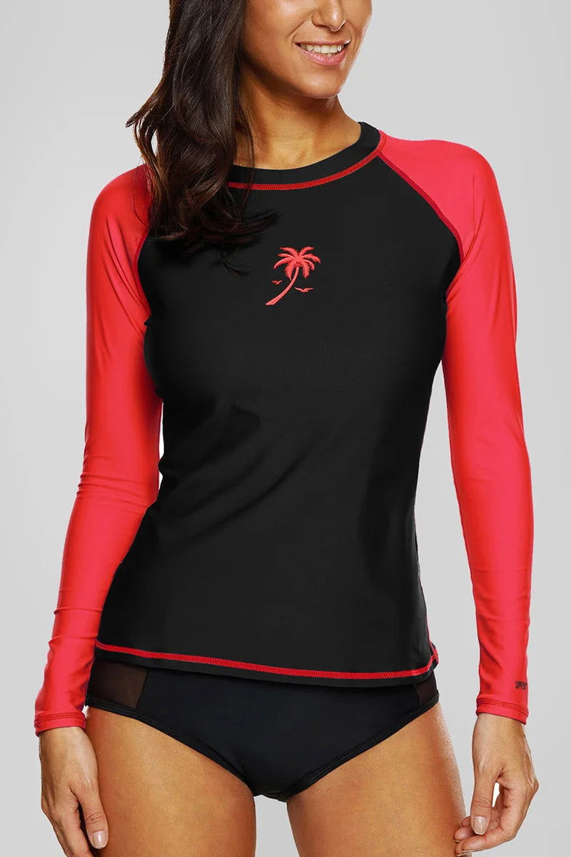 Charmleaks Women Rashguard Swimwear Long Sleeve Rash Guard Surfing Top Colorblock Swimsuit Bike Biking Shirts UPF50+ Beach Wear - Slobuy
