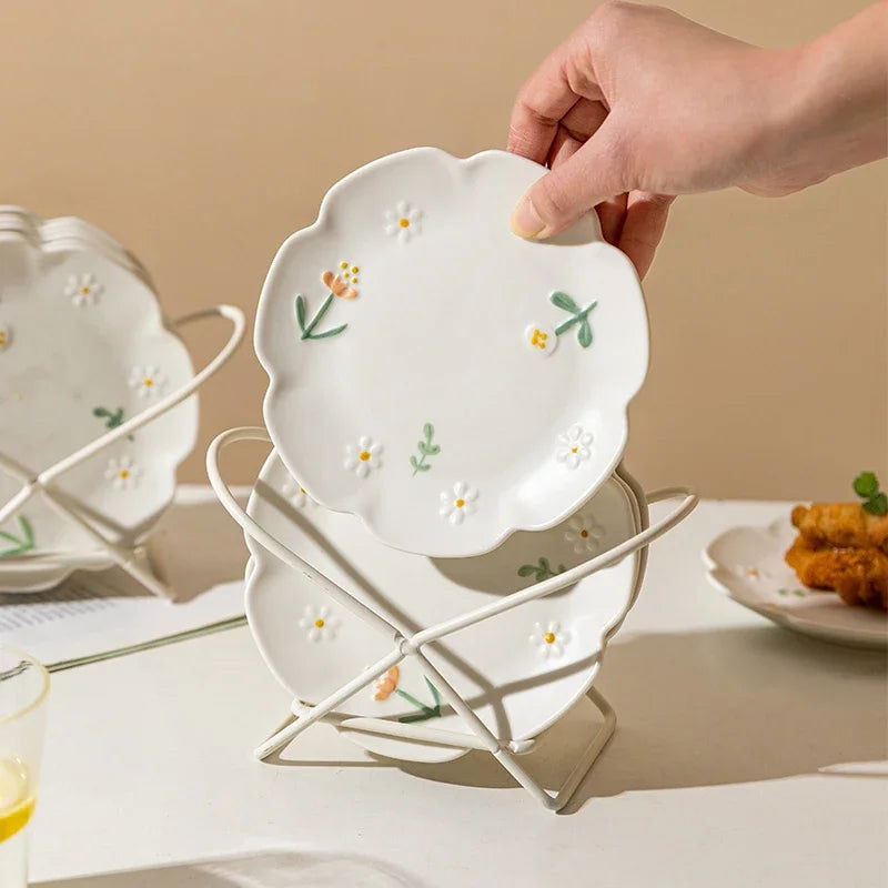Chic Daisy Design Ceramic Plate - Home Tea Time Dessert Plate, INS Style Dishware, Fresh and Delicate Dining Plate - Slobuy