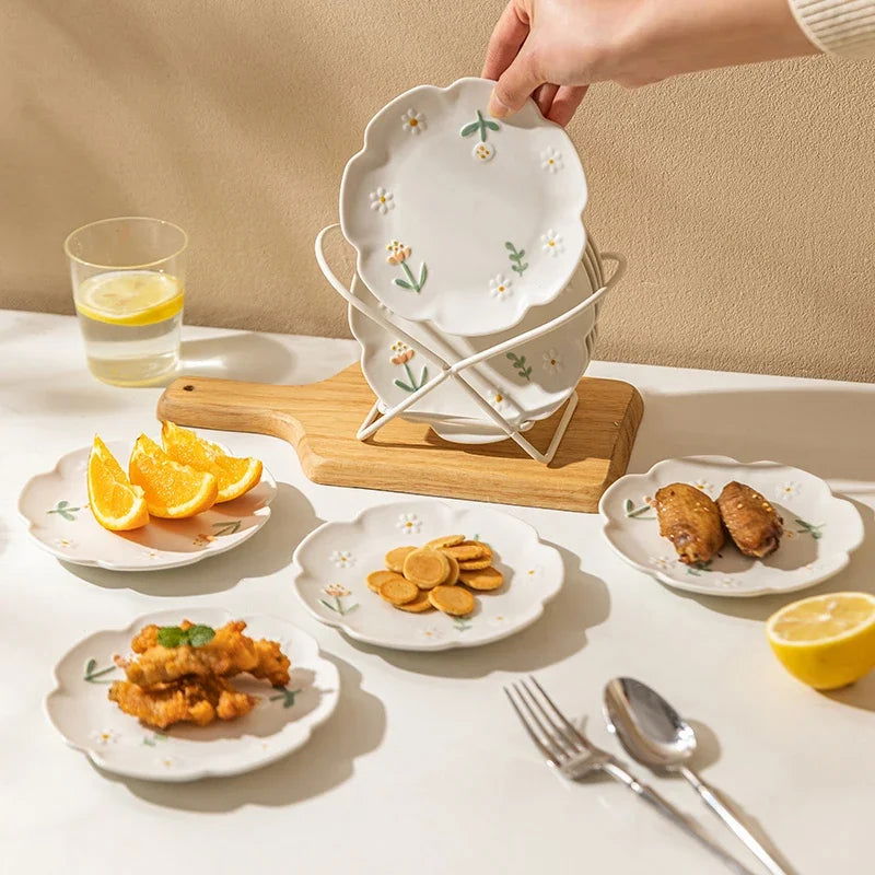 Chic Daisy Design Ceramic Plate - Home Tea Time Dessert Plate, INS Style Dishware, Fresh and Delicate Dining Plate - Slobuy