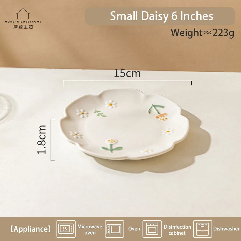 Chic Daisy Design Ceramic Plate - Home Tea Time Dessert Plate, INS Style Dishware, Fresh and Delicate Dining Plate - Slobuy