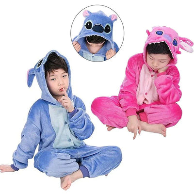 Child Stitch Cosplay Pajamas Anime Stitch Angel Costume Cute Jumpsuit Pajamas Hooded Sleepwear Halloween for Kids Girl Boys - Slobuy