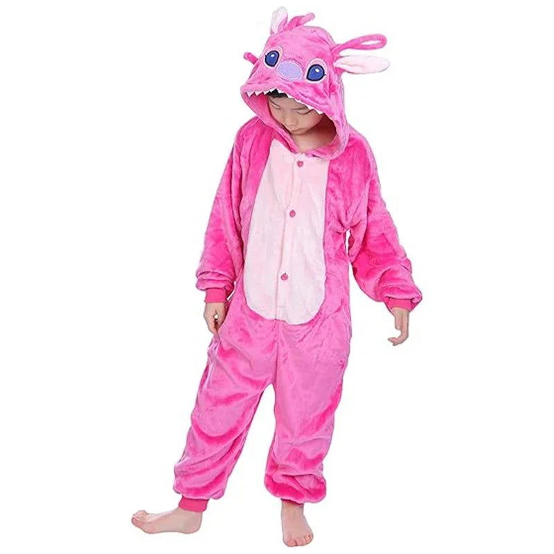 Child Stitch Cosplay Pajamas Anime Stitch Angel Costume Cute Jumpsuit Pajamas Hooded Sleepwear Halloween for Kids Girl Boys - Slobuy