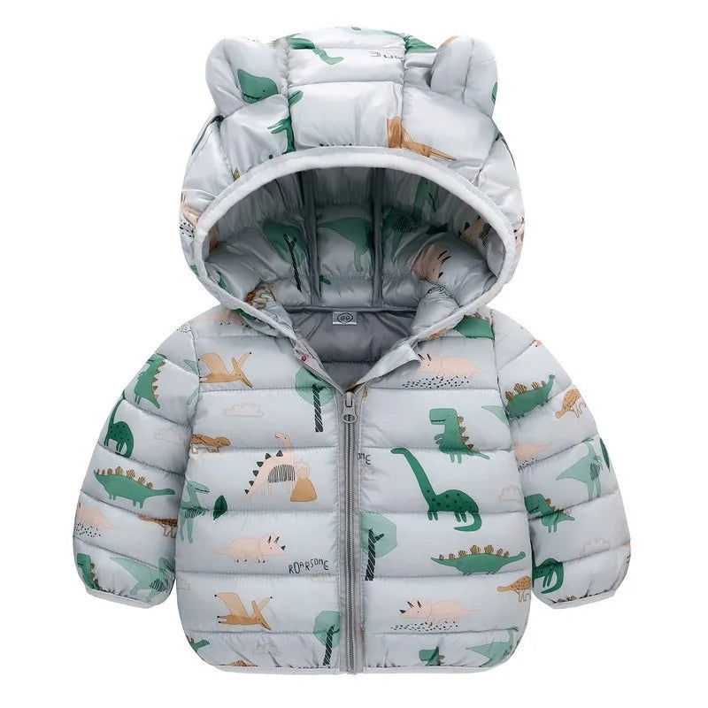 Children Boys Baby Hooded Lightweight Down Jackets Warm Outerwear Autumn Kids Girls Coats Cartoon Dinosaur Print Casual Clothing - Slobuy