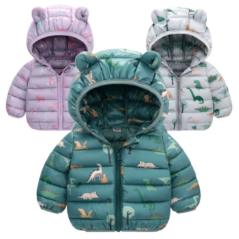 Children Boys Baby Hooded Lightweight Down Jackets Warm Outerwear Autumn Kids Girls Coats Cartoon Dinosaur Print Casual Clothing - Slobuy