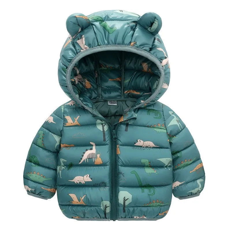 Children Boys Baby Hooded Lightweight Down Jackets Warm Outerwear Autumn Kids Girls Coats Cartoon Dinosaur Print Casual Clothing - Slobuy