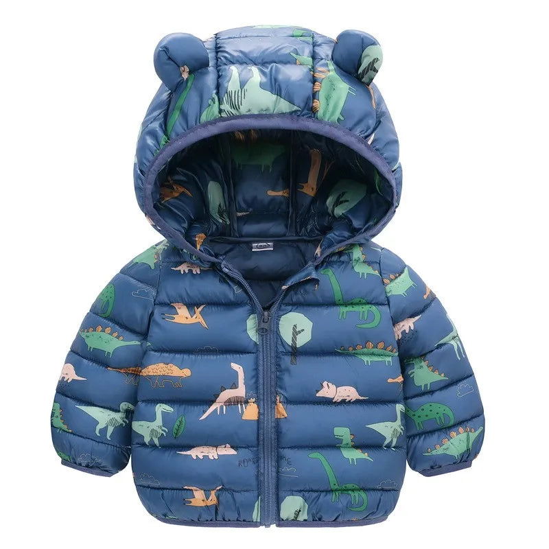 Children Boys Baby Hooded Lightweight Down Jackets Warm Outerwear Autumn Kids Girls Coats Cartoon Dinosaur Print Casual Clothing - Slobuy