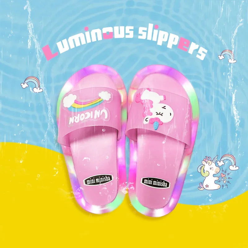 Children‘s Boys Girls Slippers Cartoon Unicorn Animals Prints Shoes Lighted Fashion Cute Shoes Bathroom Kids Toddler Slippers - Slobuy