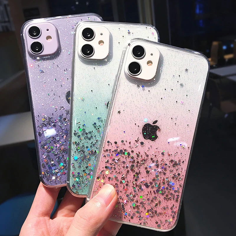 Clear Glitter Phone Case For iPhone 14 15 13 12 Pro 11 Pro Max XS Max XR X 7 8 Plus Mini SE 2020 Cute Gradient Sequins Cover - Slobuy