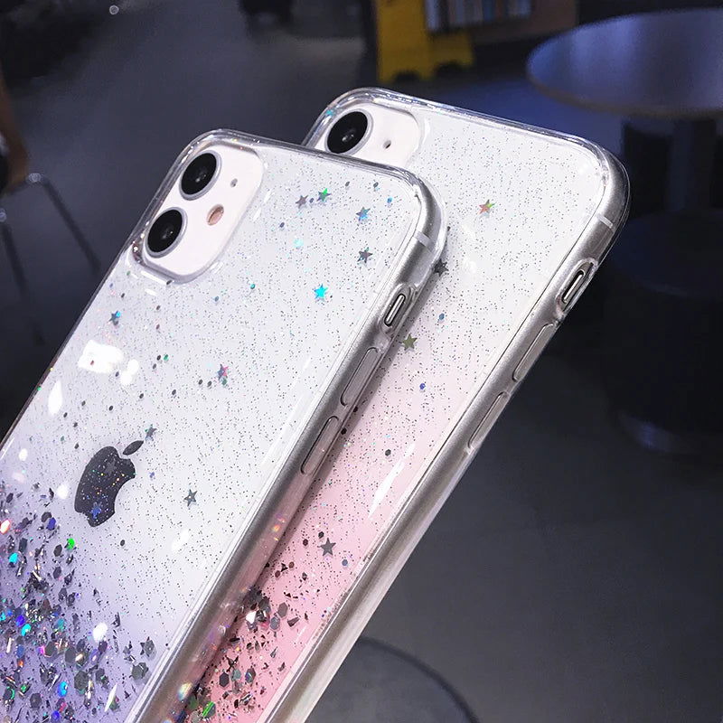 Clear Glitter Phone Case For iPhone 14 15 13 12 Pro 11 Pro Max XS Max XR X 7 8 Plus Mini SE 2020 Cute Gradient Sequins Cover - Slobuy