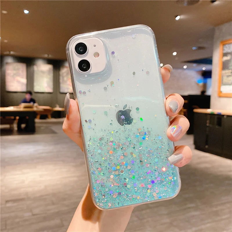 Clear Glitter Phone Case For iPhone 14 15 13 12 Pro 11 Pro Max XS Max XR X 7 8 Plus Mini SE 2020 Cute Gradient Sequins Cover - Slobuy
