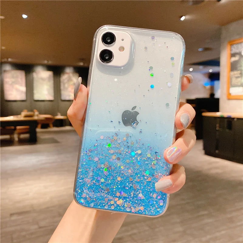 Clear Glitter Phone Case For iPhone 14 15 13 12 Pro 11 Pro Max XS Max XR X 7 8 Plus Mini SE 2020 Cute Gradient Sequins Cover - Slobuy