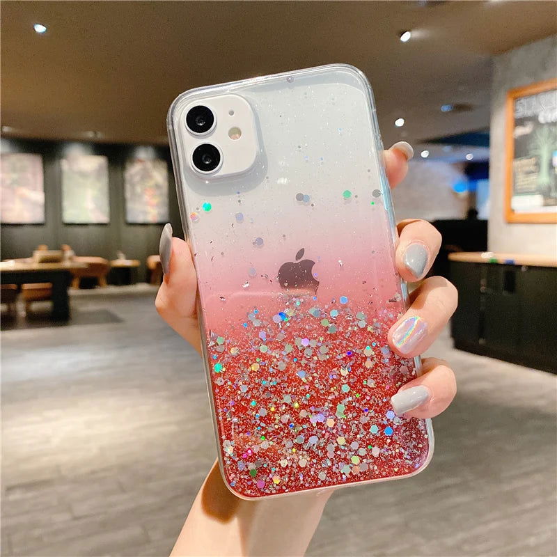 Clear Glitter Phone Case For iPhone 14 15 13 12 Pro 11 Pro Max XS Max XR X 7 8 Plus Mini SE 2020 Cute Gradient Sequins Cover - Slobuy