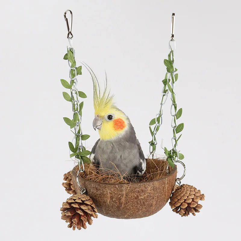 Coconut Bird Nest Hanging Bird House For Cage Bird Swing Toy With Chewing Toy Parrots Hanging Bed Breeding Nesting - Slobuy