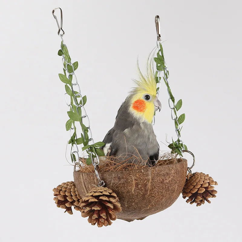 Coconut Bird Nest Hanging Bird House For Cage Bird Swing Toy With Chewing Toy Parrots Hanging Bed Breeding Nesting - Slobuy