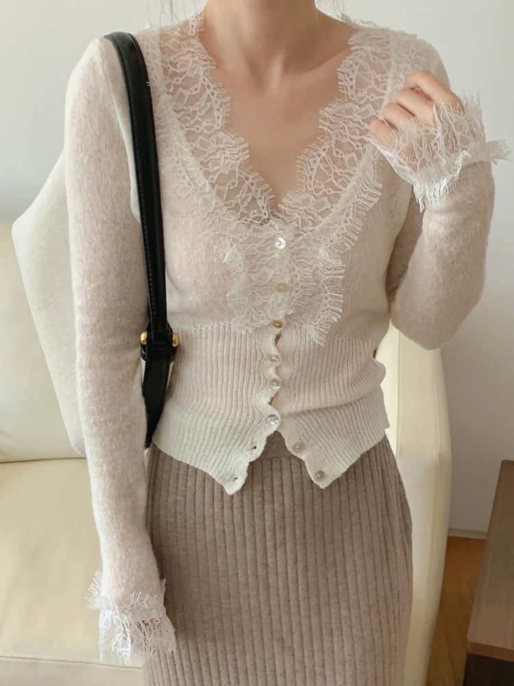 Colorfaith New 2022 Korean Fashion Chic Vintage Sweater Lace Women Autumn Winter Knitted V-Neck Cardigans Elegant Tops SWC3563JX - Slobuy