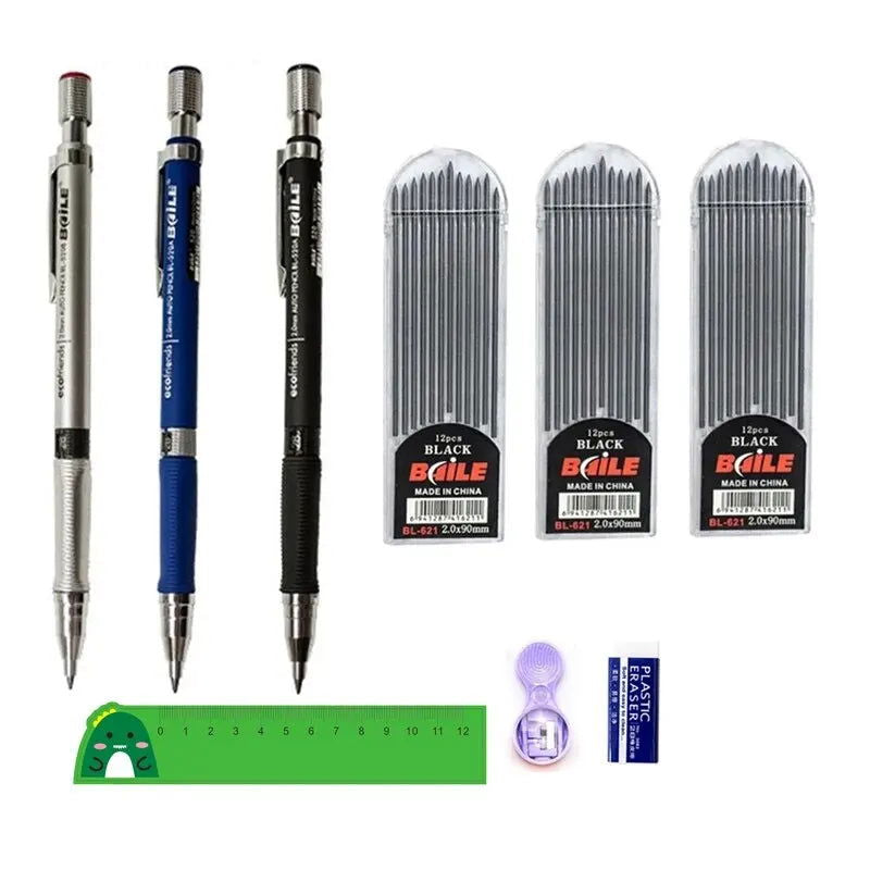 Mechanical Pencil Set 2.0mm with 2B Black/Colors Lead Refill Eraser for Student Writing Sketching Painting Automatic Pencil - Slobuy