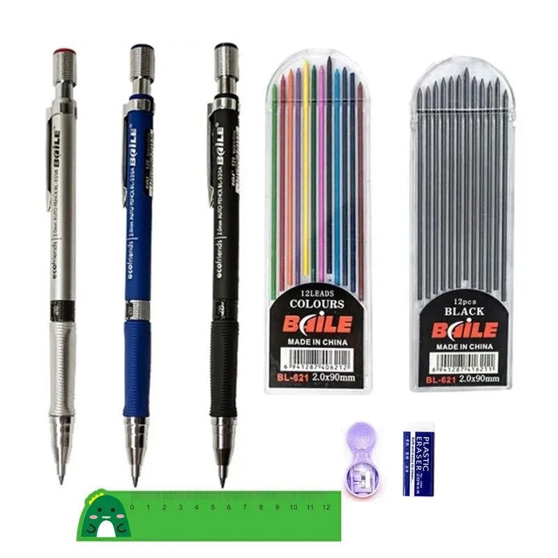 Mechanical Pencil Set 2.0mm with 2B Black/Colors Lead Refill Eraser for Student Writing Sketching Painting Automatic Pencil - Slobuy